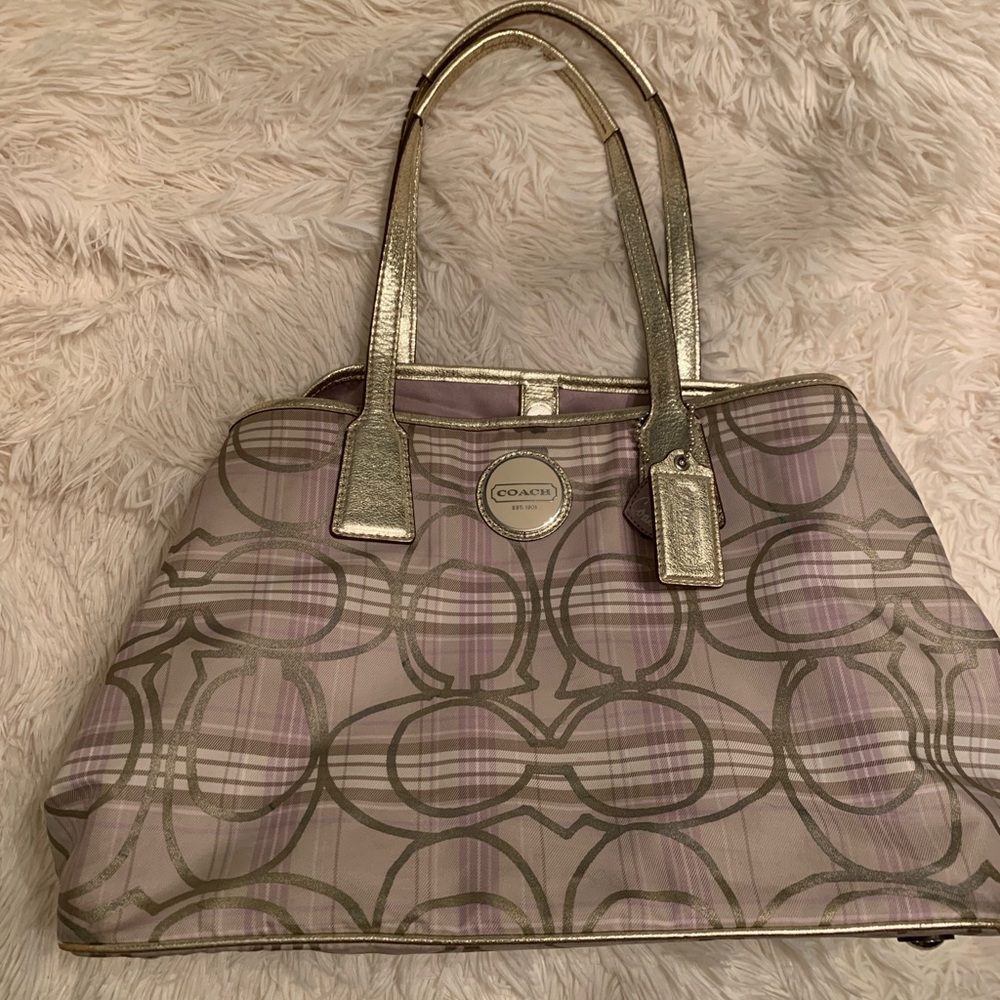 COACH F17213 Sig Striped Tartan Plaid Carryall Bag
